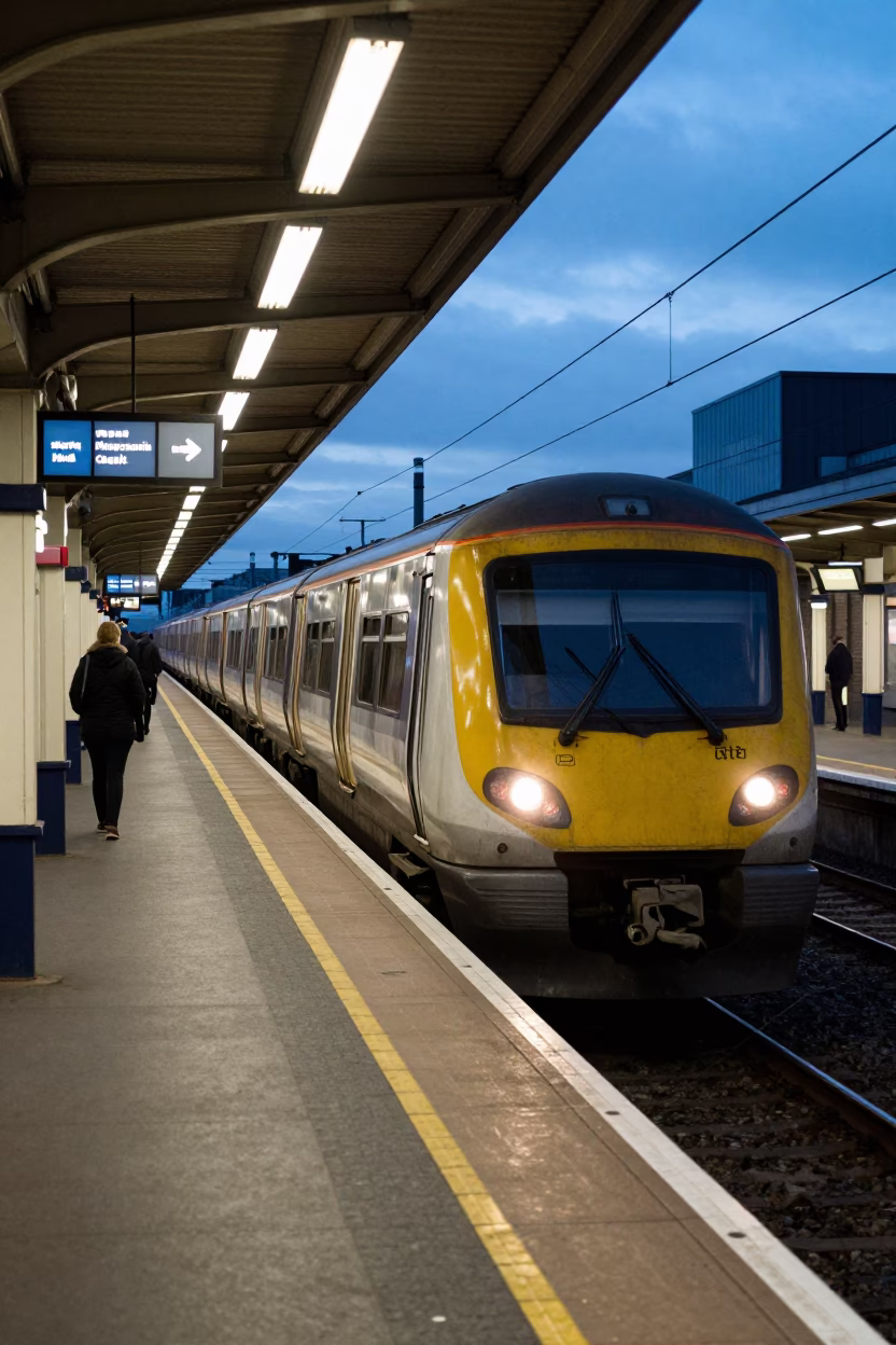 Dublin Commuter Train Platform Before Dawn Early Morning Rush Hour Scene in in Dublin, Ireland