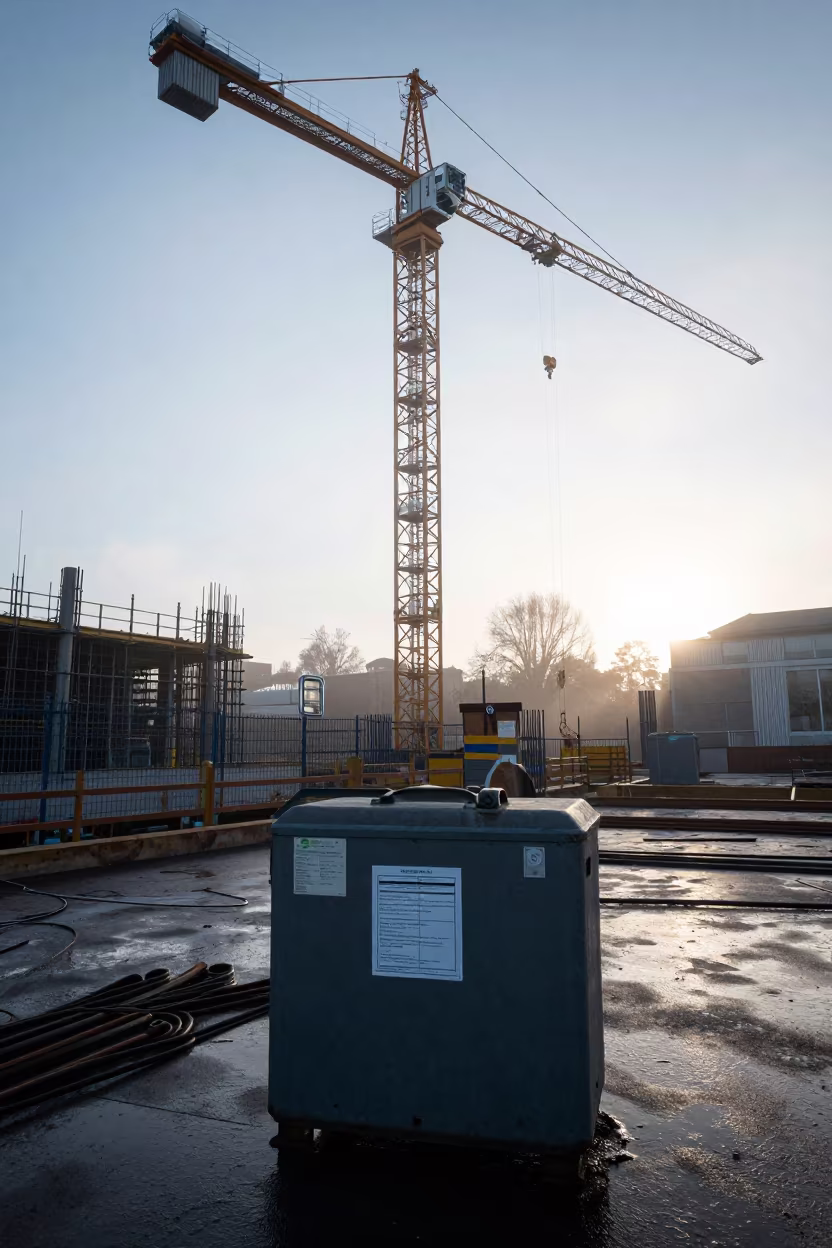 Dublin Construction Battery Caddy Under Crane in beneath a tower crane on open ground in Dublin