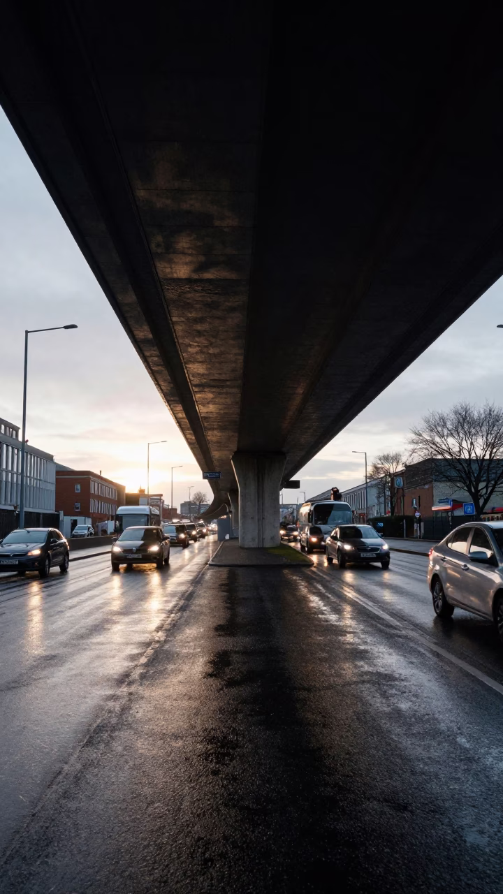 Dublin Dawn Flyover Underpass Traffic Shadows and Wet Asphalt Reflections in in Dublin, Ireland