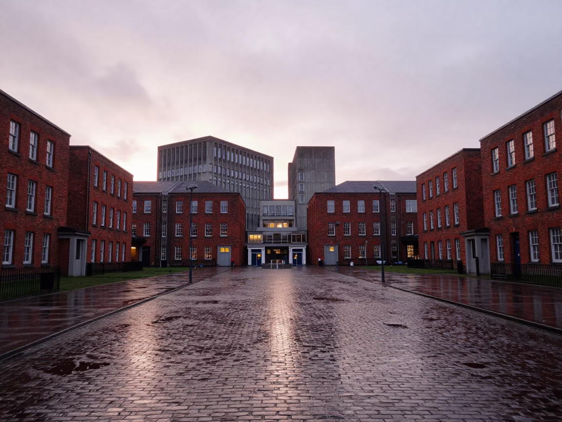 Dublin Dawn Mist Over Brick Quads and Brutalist University Architecture in in Dublin, Ireland