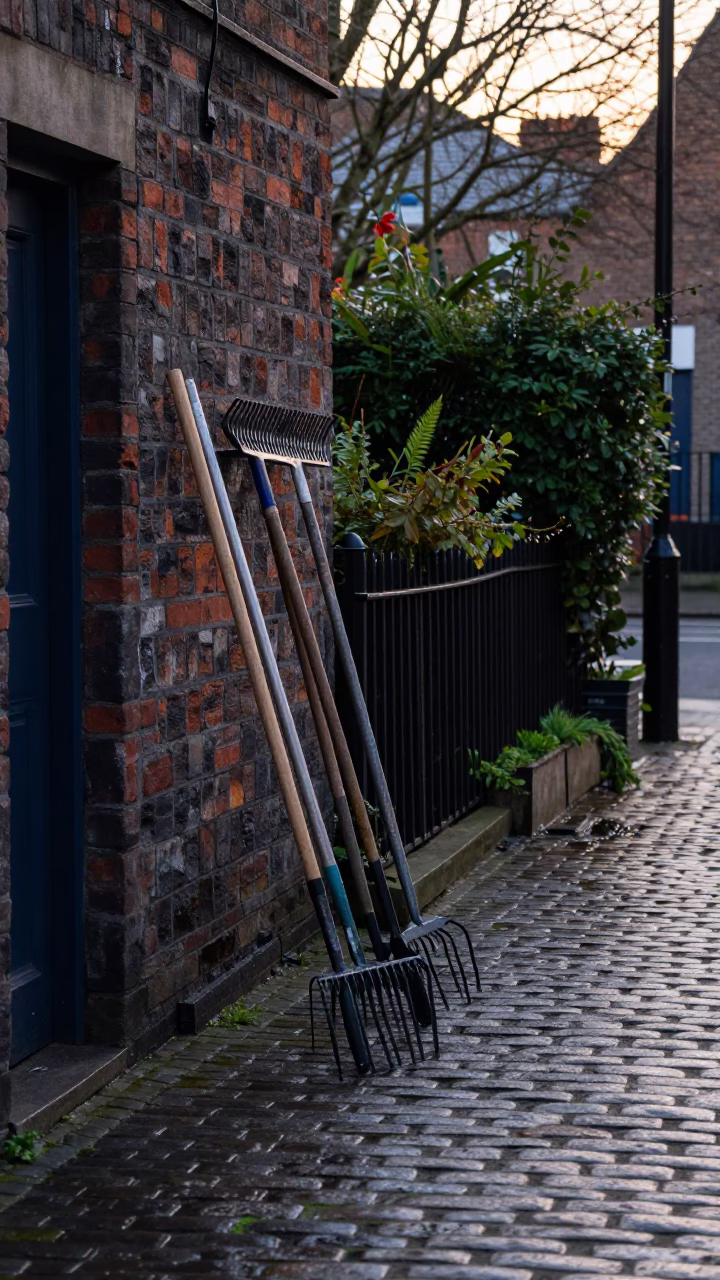 Dublin Dawn Street Scene with Rake Heads and Garden Hose on Cobblestone in in Dublin, Ireland