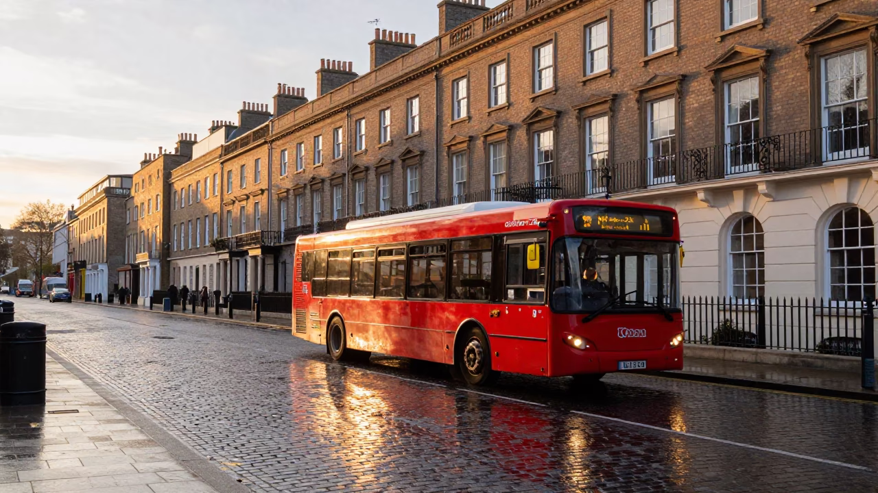 Dublin Dubliner Bus Passing Georgian Townhouses After Sunrise in in Dublin, Ireland