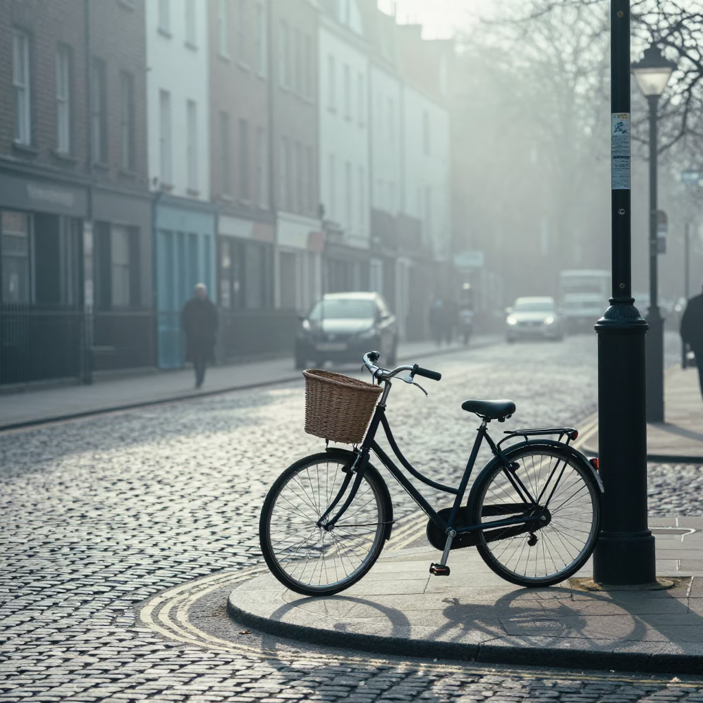 Dublin Early Morning Street Scene with Bicycle and Urban Reflections in in Dublin, Ireland