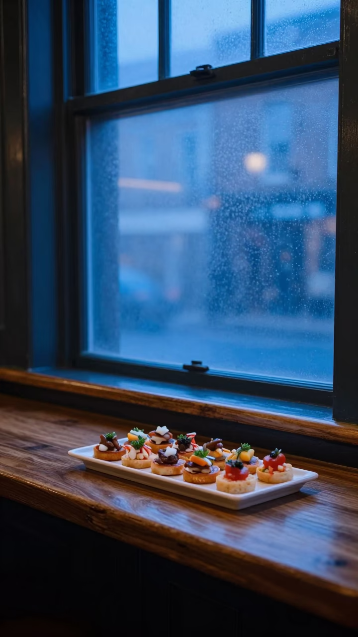 Dublin Evening Blue Hour Pub Counter Pintxos and Traditional Woodwork in in Dublin, Ireland