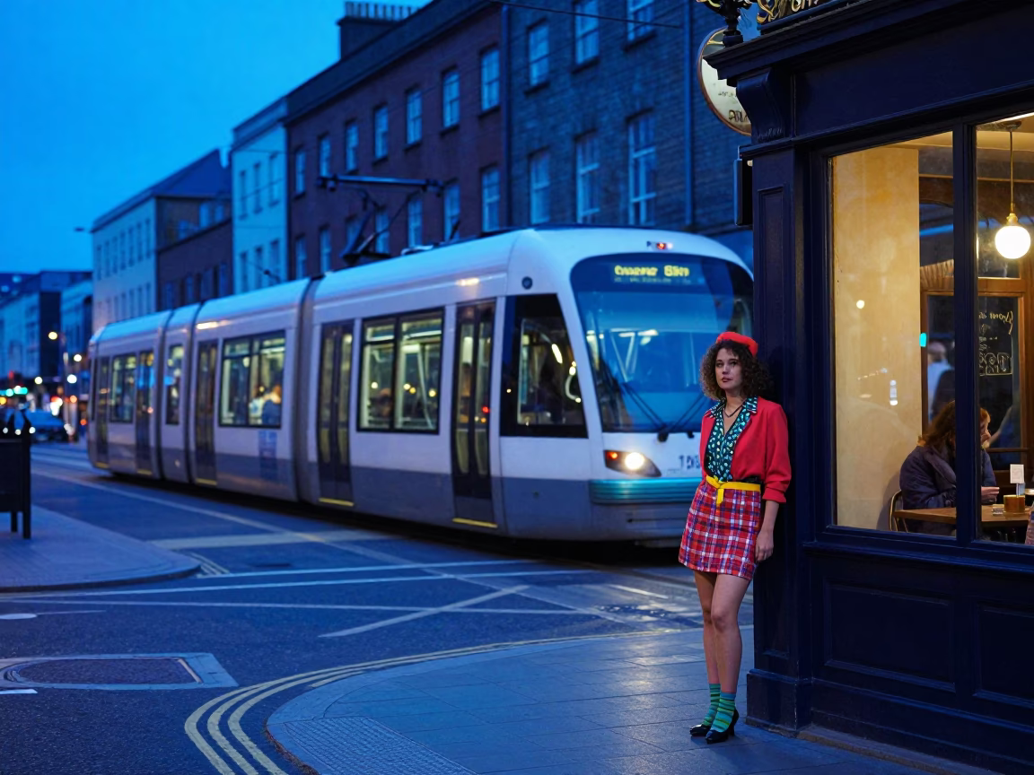 Dublin Evening Blue Hour Street Scene with Monorail and Vintage Majolica Plate in in Dublin, Ireland