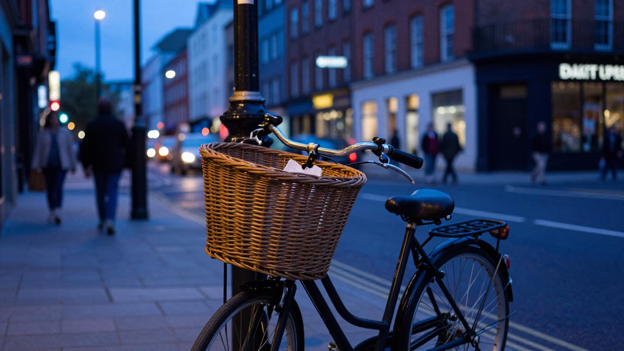 Dublin Evening Street Scene with Bicycle Basket and City Monorail Infrastructure in in Dublin, Ireland