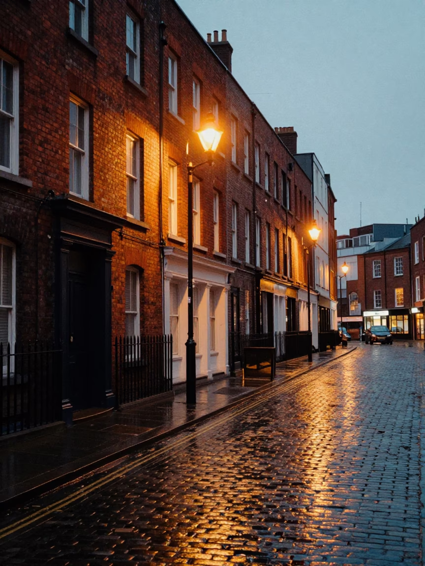 Dublin Evening Street Scene with Brick Architecture and City Lights in in Dublin, Ireland