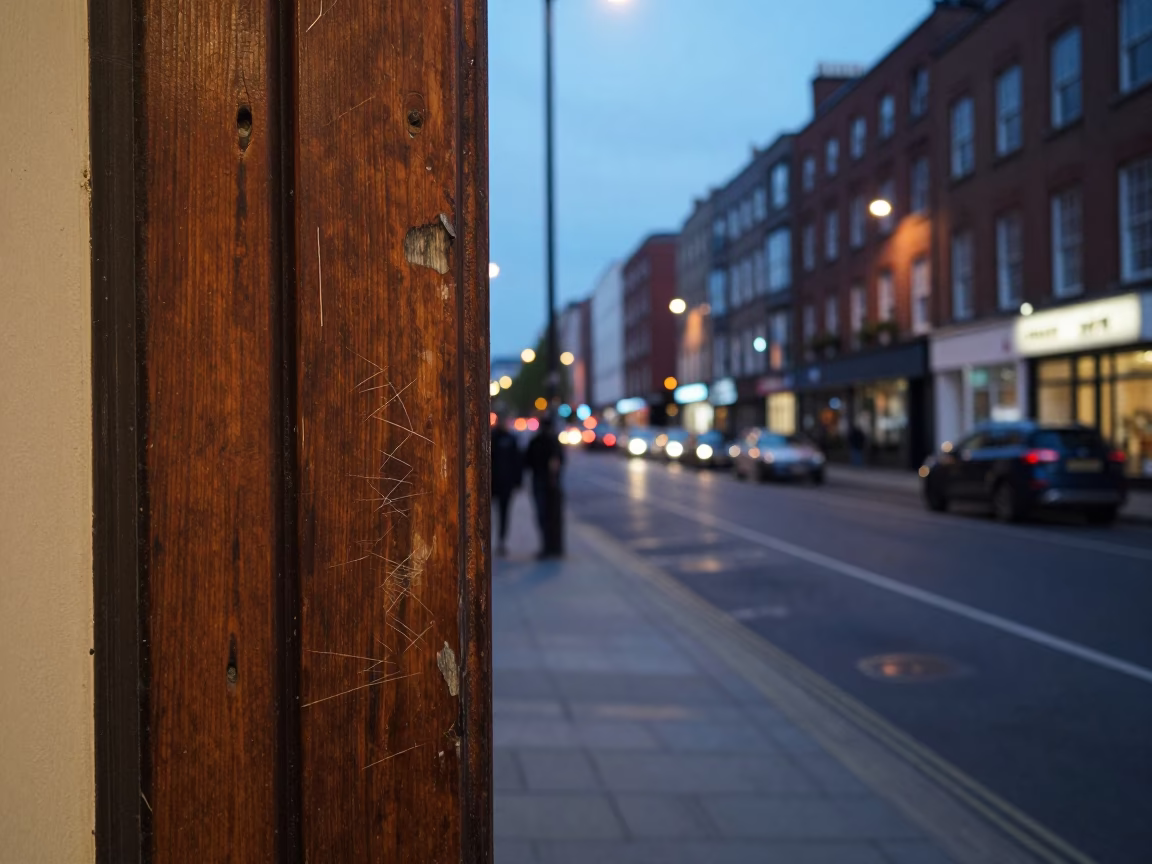 Dublin Evening Street Scene with Brick Facades and Sodium Lamp Glow in in Dublin, Ireland