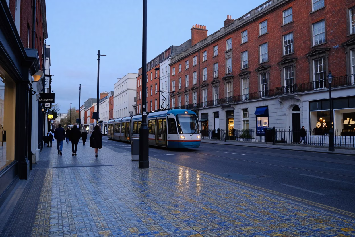 Dublin Evening Street Scene with Ceramic Tiles and Tram in in Dublin, Ireland