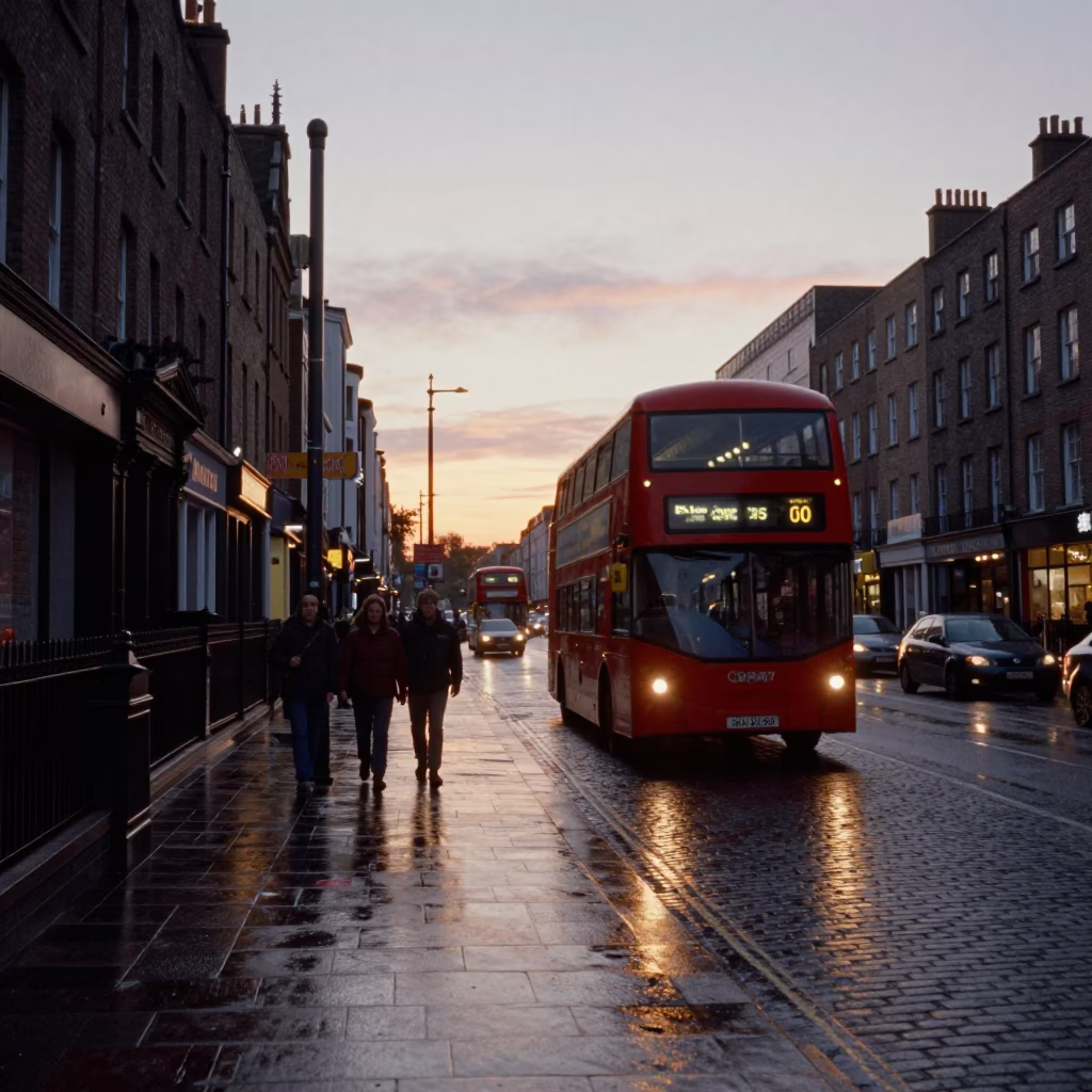 Dublin Evening Street Scene with Double Decker Bus and Cedar Tree in in Dublin, Ireland