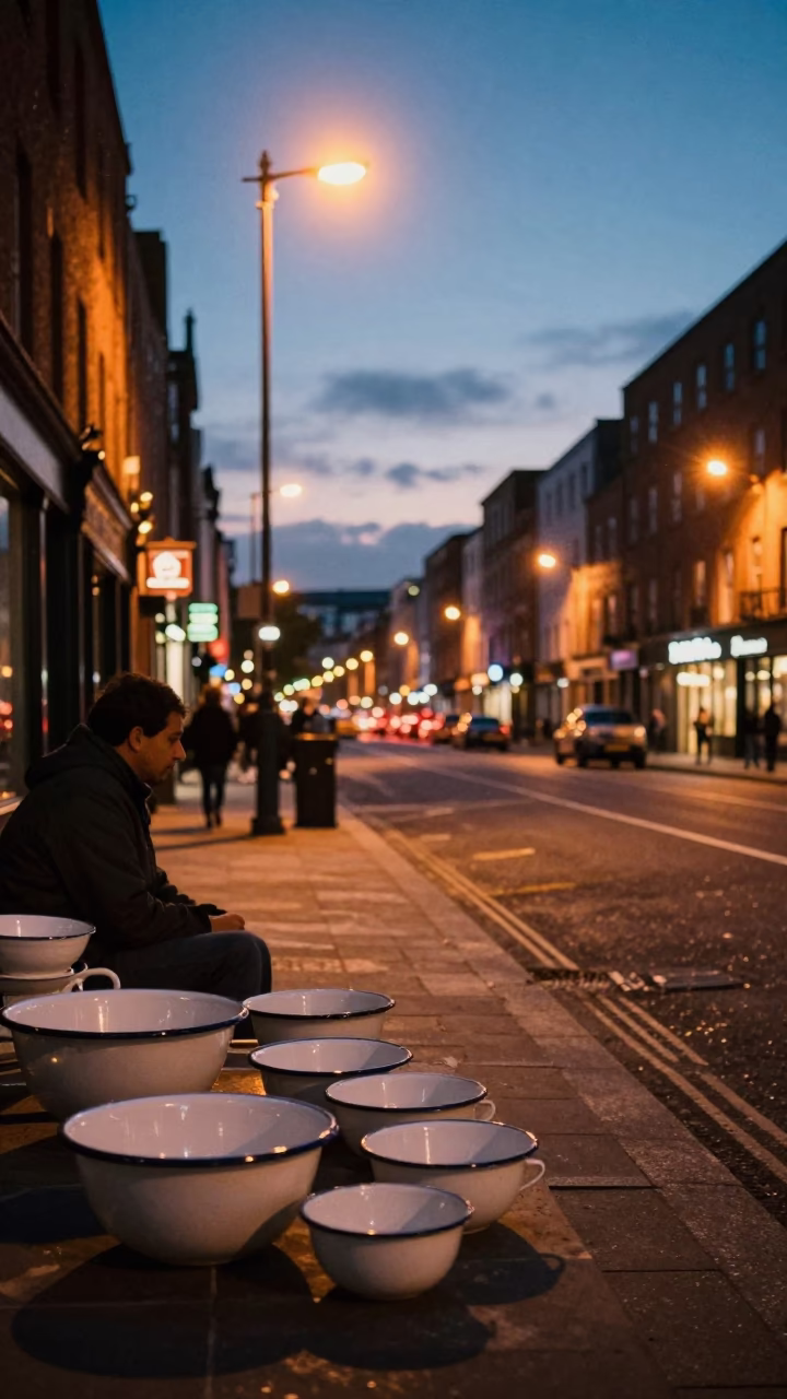 Dublin Evening Street Scene with Enamel Bowls and City Lights Glow in in Dublin, Ireland