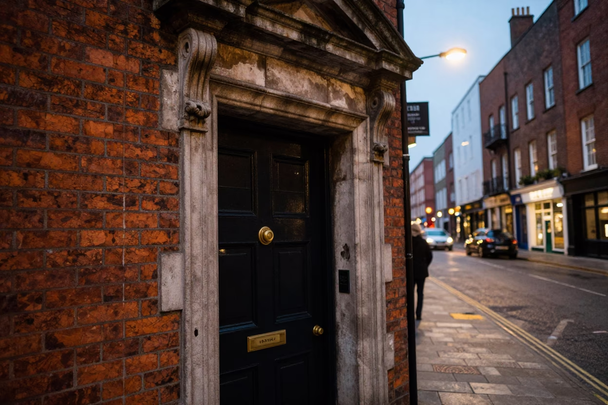 Dublin Evening Street Scene with Historic Brick Doorframe and City Lights in in Dublin, Ireland