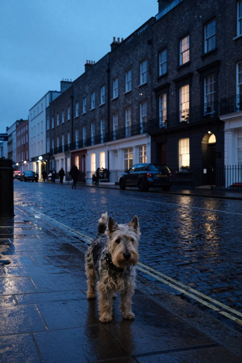 Dublin Evening Street Scene with Kerry Blue Terrier and Traditional Georgian Architecture in in Dublin, Ireland