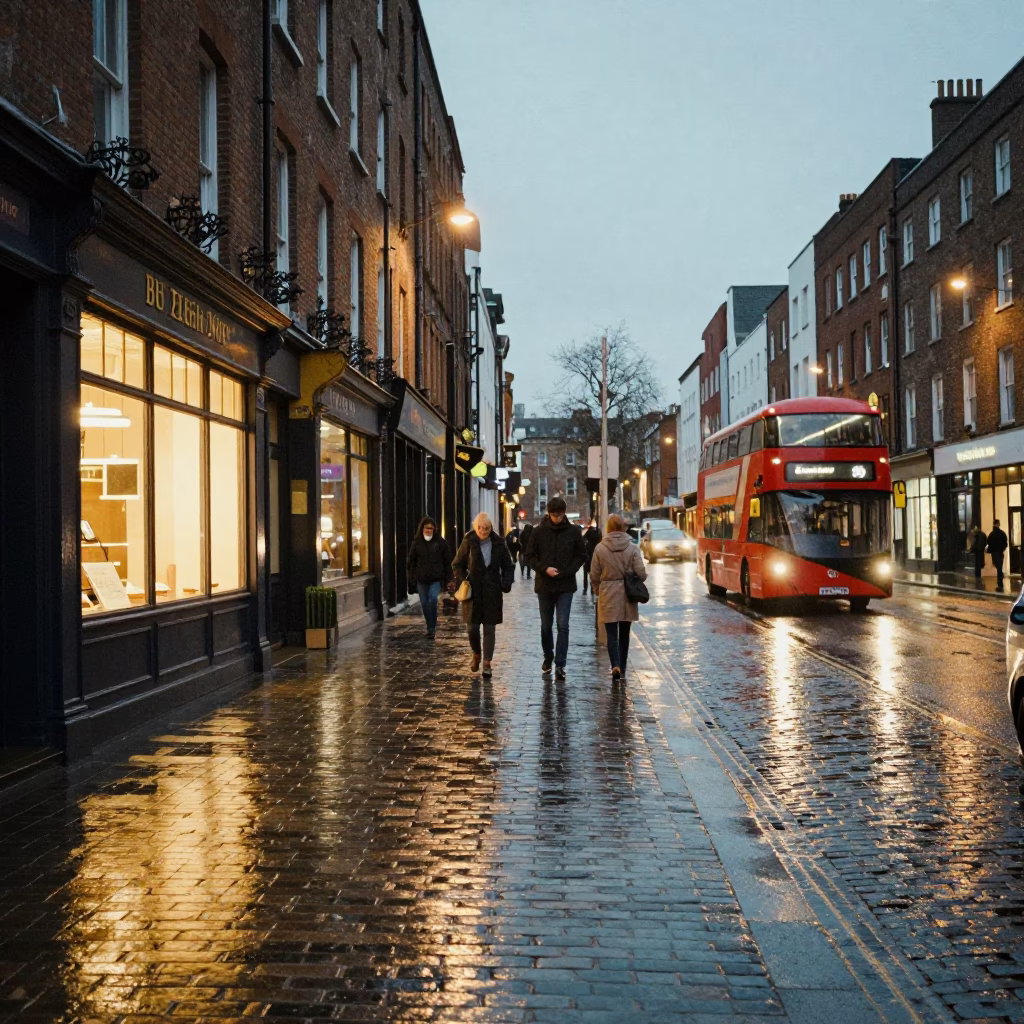 Dublin Evening Street Scene with Lit Shopfronts and Wet Pavement Reflections in in Dublin, Ireland
