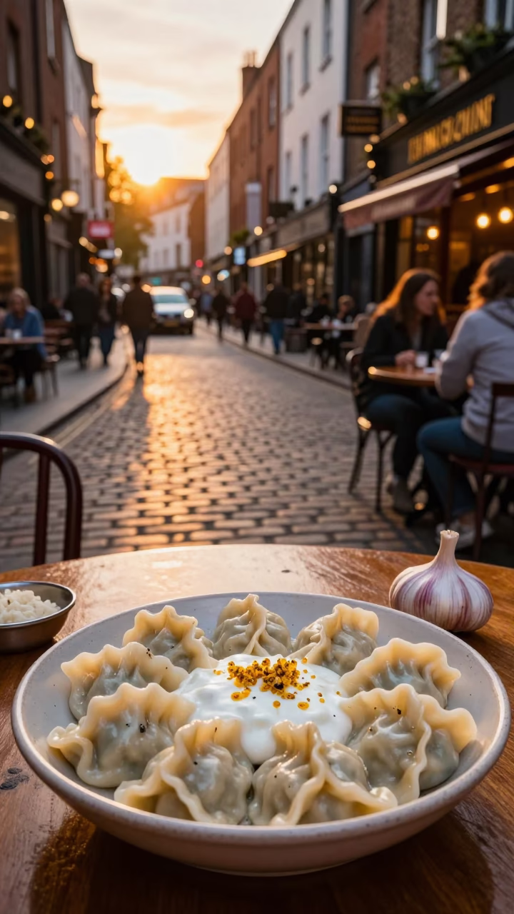 Dublin Evening Street Scene with Manti Dumplings and Garlic Yogurt Bowl in in Dublin, Ireland