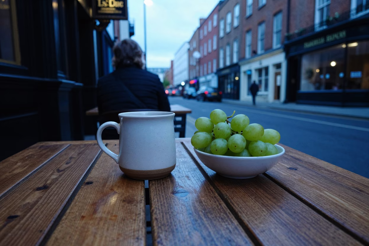 Dublin Evening Street Scene with Mug and Grapes in Blue Hour Light in in Dublin, Ireland