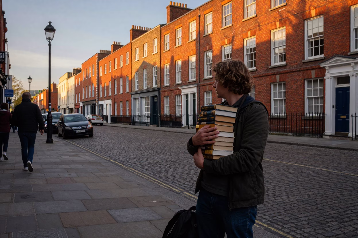 Dublin Evening Street Scene with Paperbacks and Traditional Architecture in Honeyed Light in in Dublin, Ireland