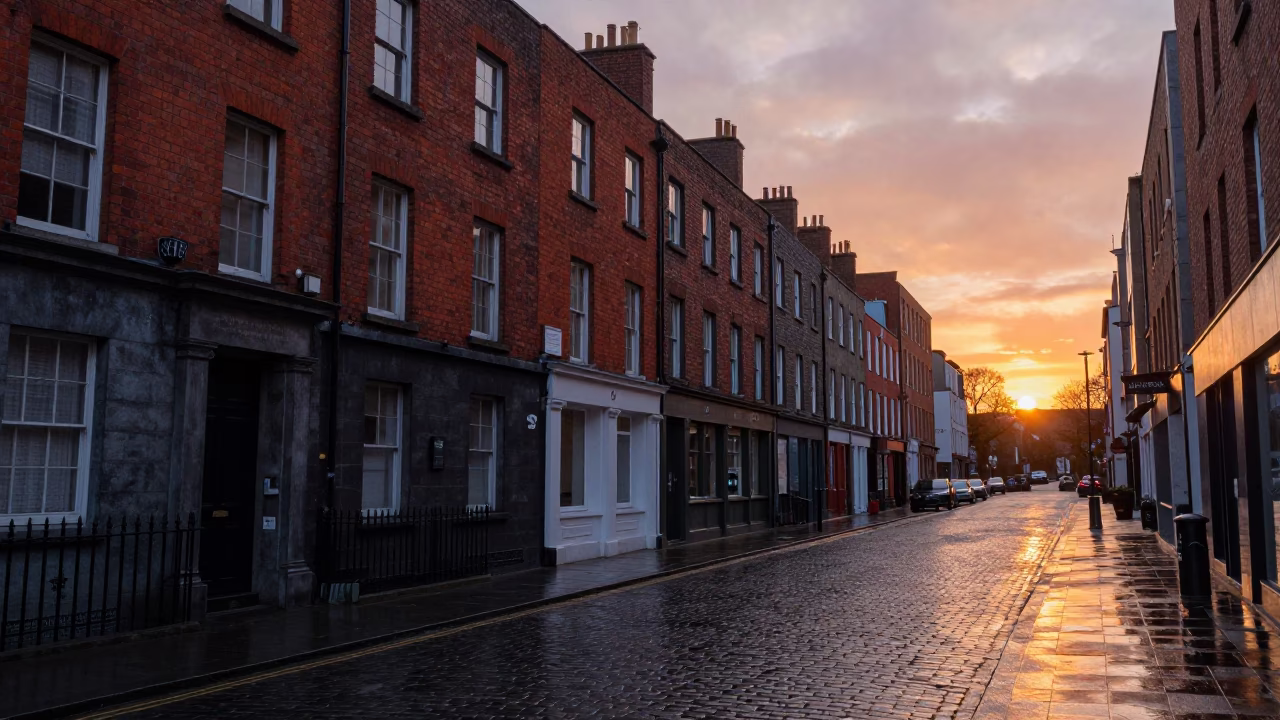 Dublin Evening Street Scene with Red Brick Architecture and Sunset Light in in Dublin, Ireland