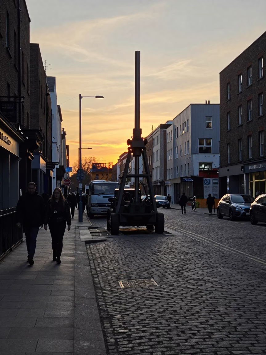 Dublin Evening Street Scene with Red Wine and Construction Pile Driver in in Dublin, Ireland