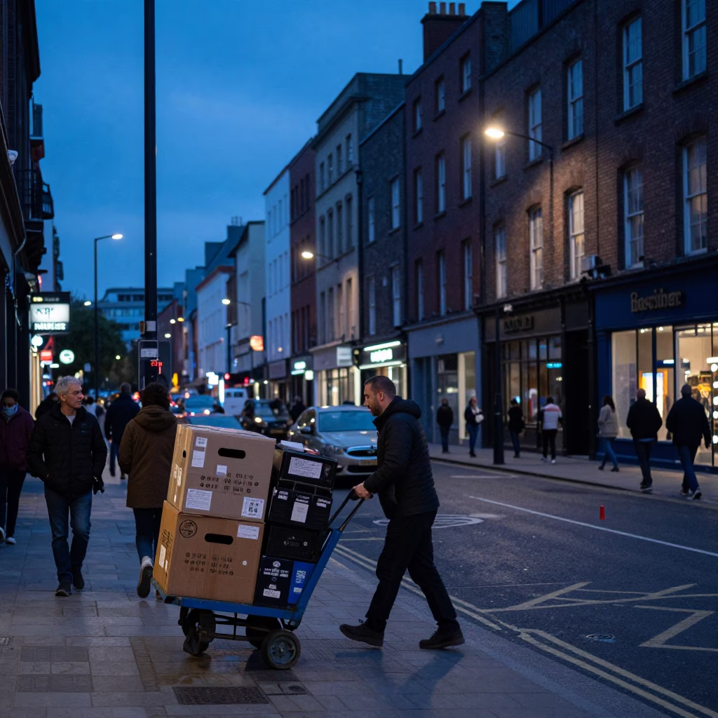 Dublin Evening Street Scene with Rolling Carts and Urban Life in Blue Light in in Dublin, Ireland