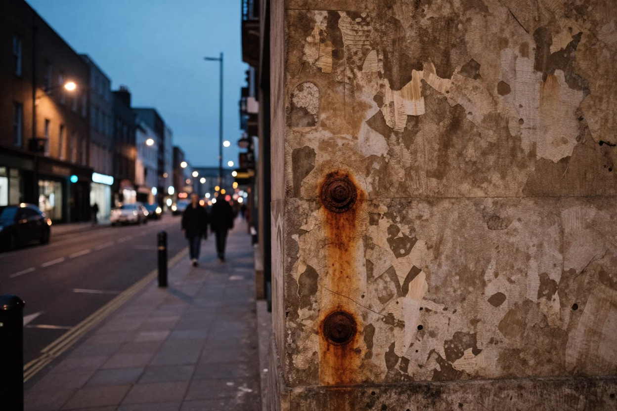 Dublin Evening Street Scene with Rust and Urban Details in in Dublin, Ireland