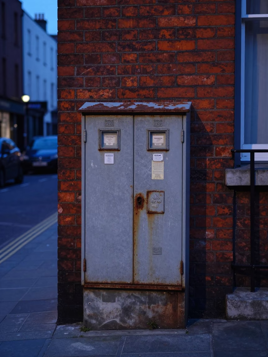Dublin evening street scene with rusted utility cabinet and blue twilight light in in Dublin, Ireland