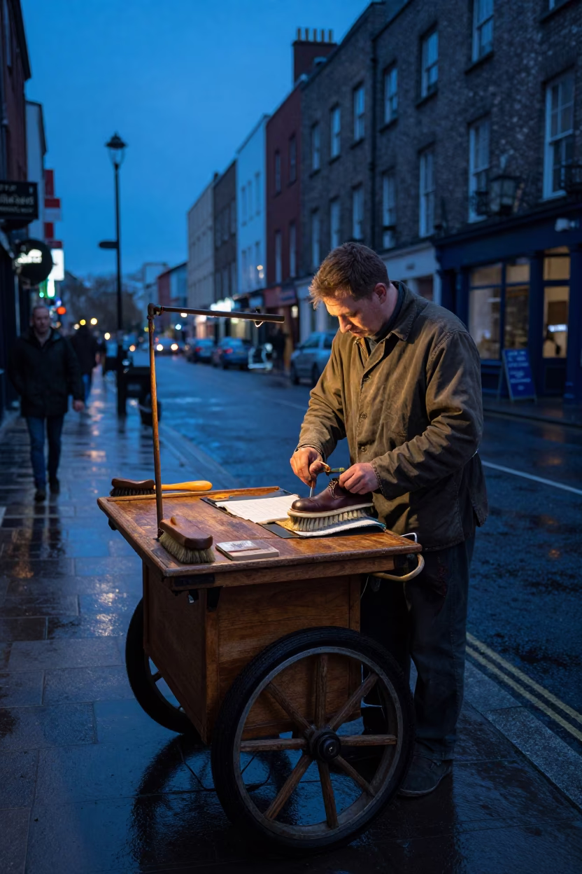 Dublin Evening Street Scene with Shoe Polish Cart and Latch Details in in Dublin, Ireland