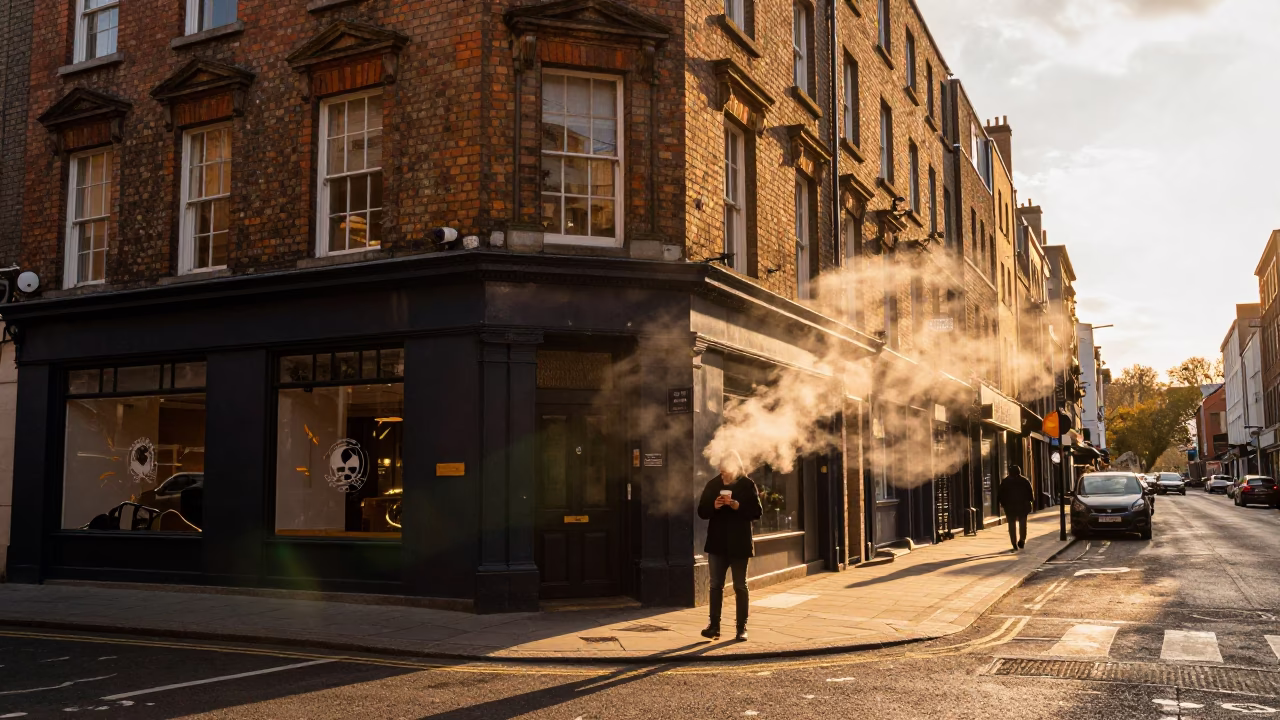Dublin Evening Street Scene with Steam Haze and Urban Architecture in Honeyed Light in in Dublin, Ireland