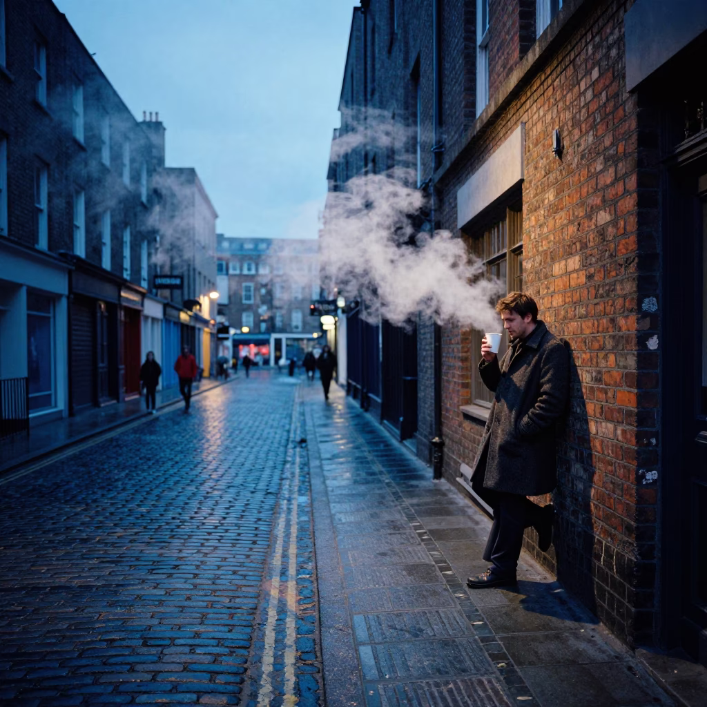 Dublin Evening Street Scene with Steam Rising from Cup and Ashtray in in Dublin, Ireland