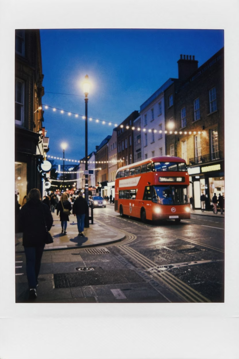 Dublin Evening Street Scene with String Lights and Classic Bus in Blue Hour in in Dublin, Ireland