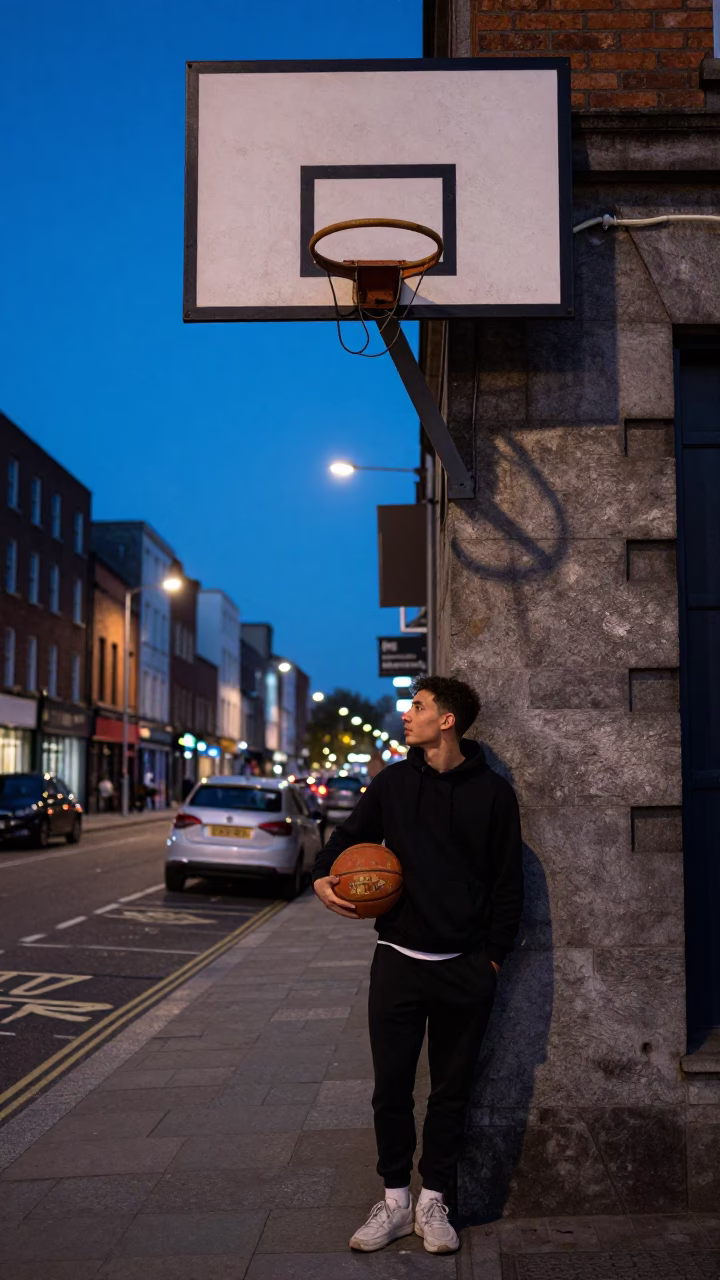 Dublin Evening Street Scene with Vintage Basketball and Adjustable Spanner in in Dublin, Ireland