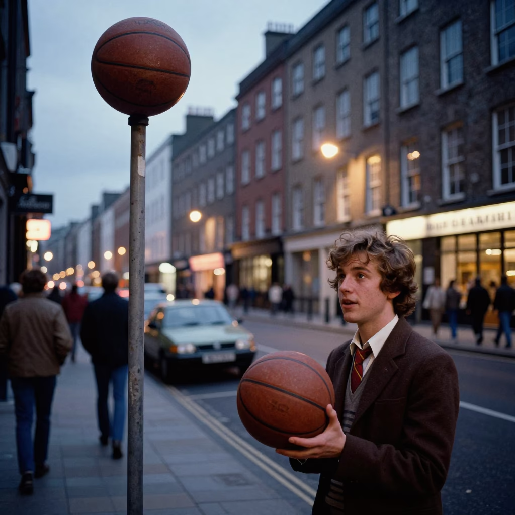 Dublin Evening Street Scene with Vintage Leather Basketball and Urban Atmosphere in in Dublin, Ireland
