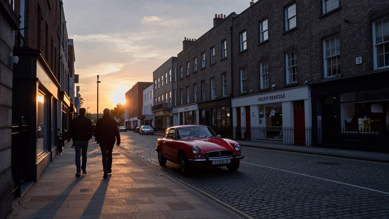 Dublin Evening Street Scene with Vintage Red Car and Metal Stools in in Dublin, Ireland