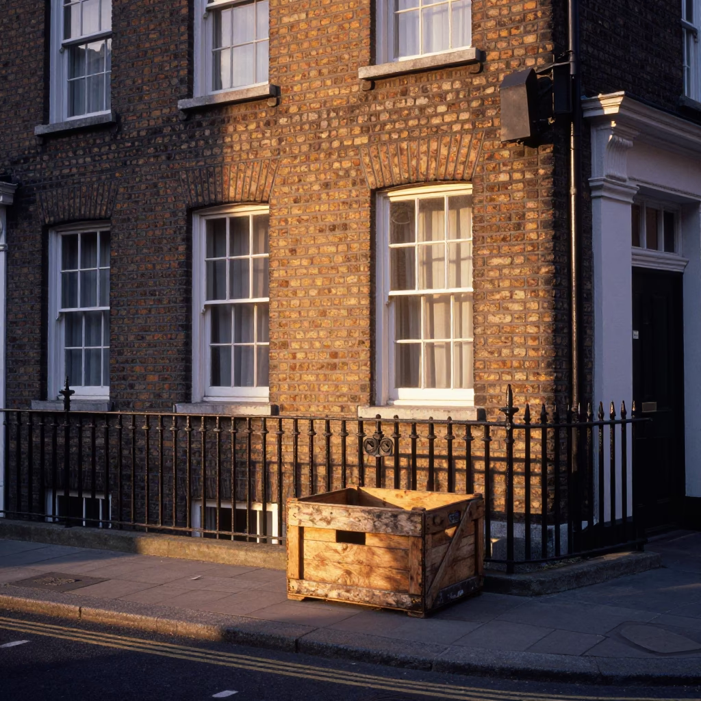 Dublin Evening Street Scene with Wooden Crate and Urban Architecture in in Dublin, Ireland