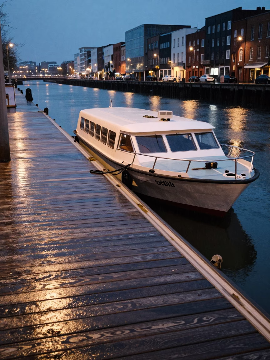 Dublin Evening Water Taxi Dock Scene with Wet Asphalt and Urban Details in in Dublin, Ireland