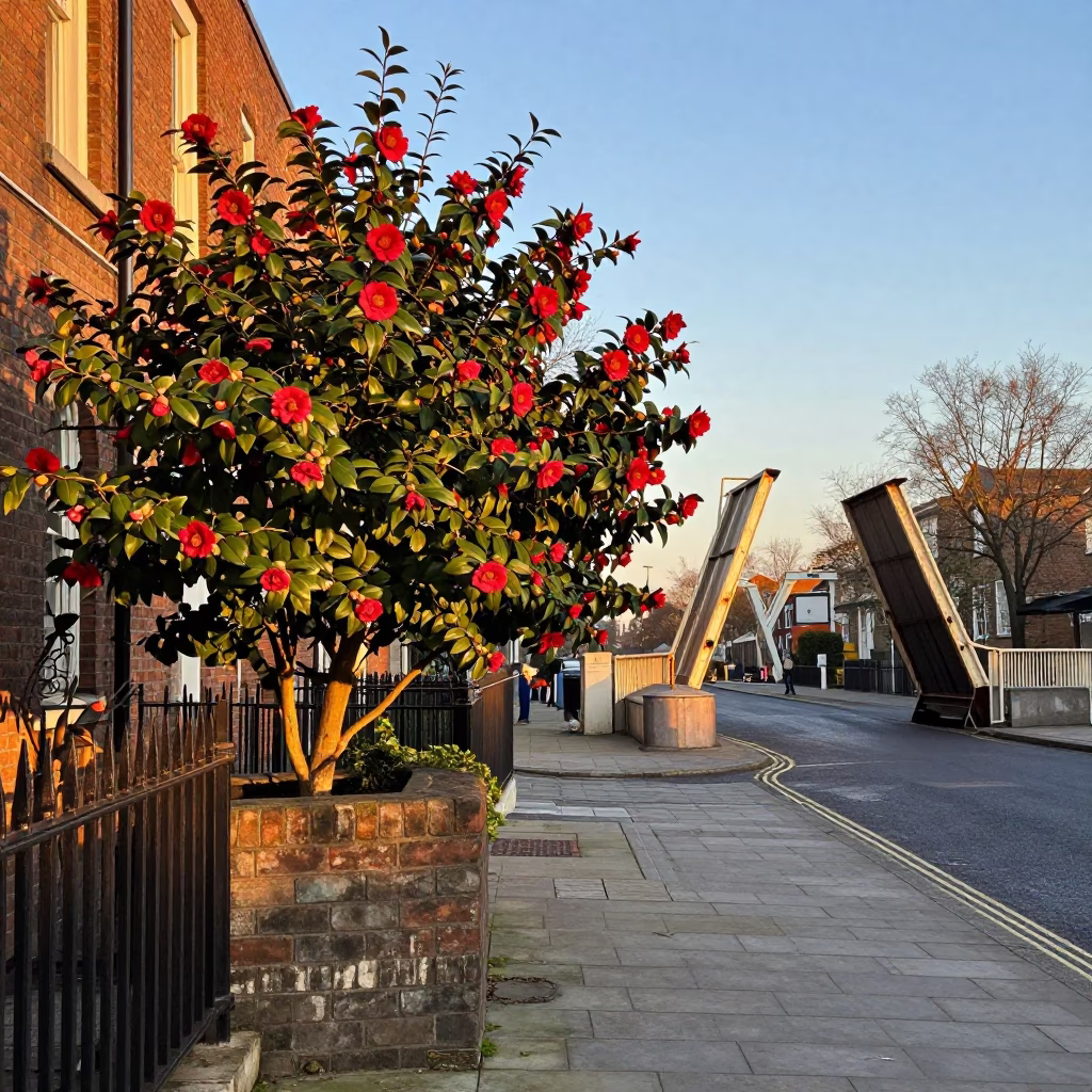 Dublin Golden Hour Street Scene with Camellia Bush and Vintage Details in in Dublin, Ireland
