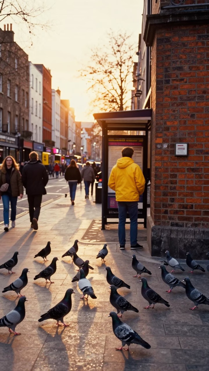 Dublin Golden Hour Street Scene with Pigeons and Colorful Details in in Dublin, Ireland