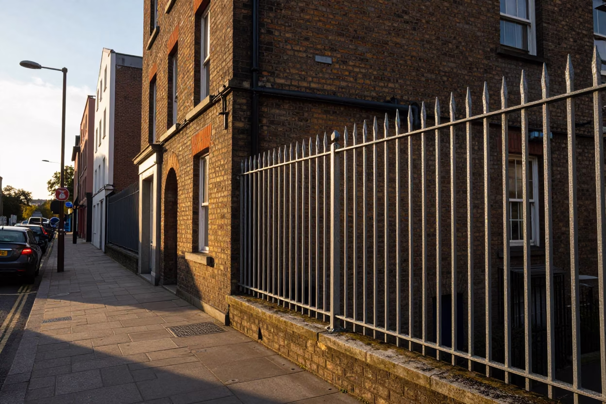 Dublin Golden Hour Street Scene with Substation Fence and Local Atmosphere in in Dublin, Ireland