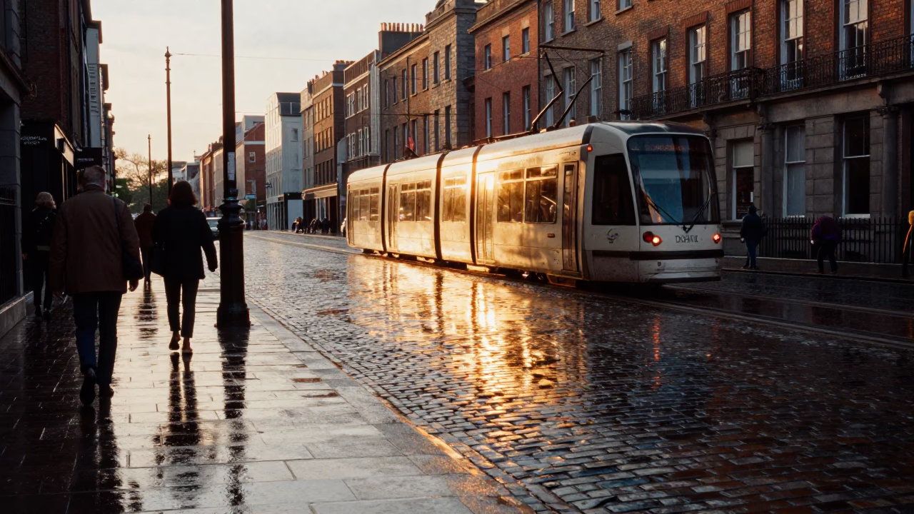 Dublin Golden Hour Street Scene with Tram Reflection on Wet Cobblestones and Busy Pedestrians in in Dublin, Ireland