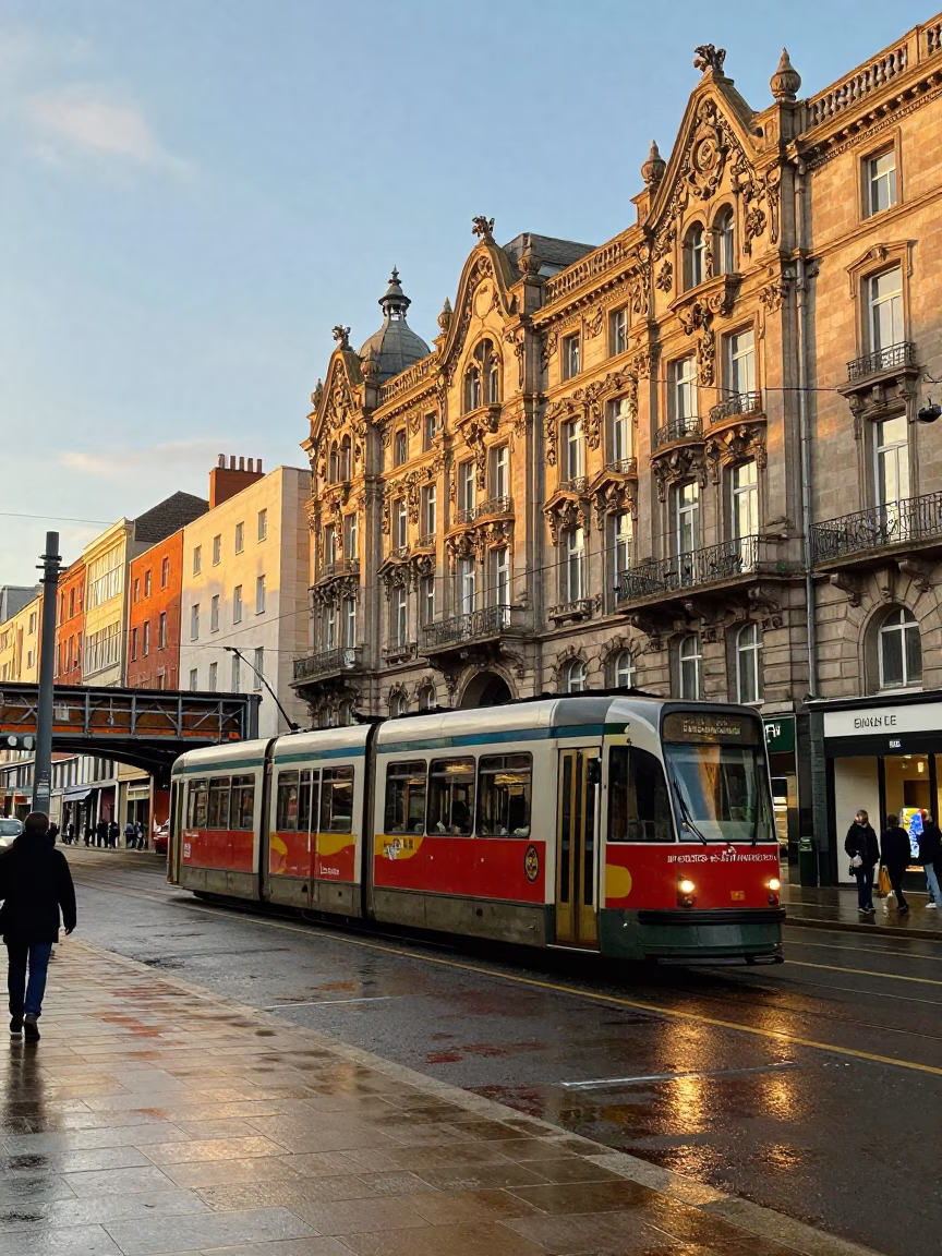 Dublin Golden Hour Tram Passing Art Nouveau Façades with Bridge Maintenance Cradle in in Dublin, Ireland
