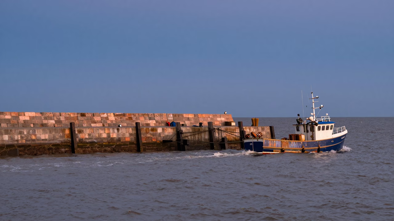 Dublin Harbor Breakwater at Dusk with Blue Hour Sky and Fishing Trawler in in Dublin, Ireland
