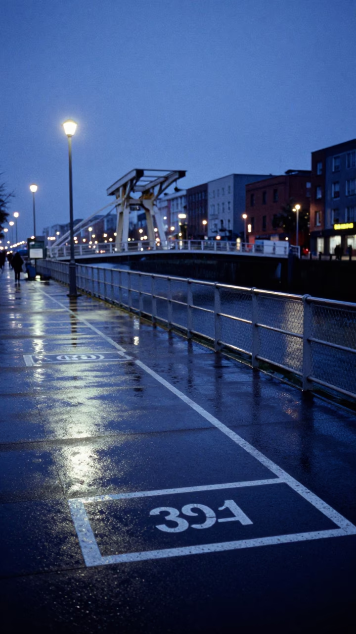 Dublin Harbor Pre-Dawn Scene with Drawbridge Deck Markings and Harbor Drizzle in in Dublin, Ireland
