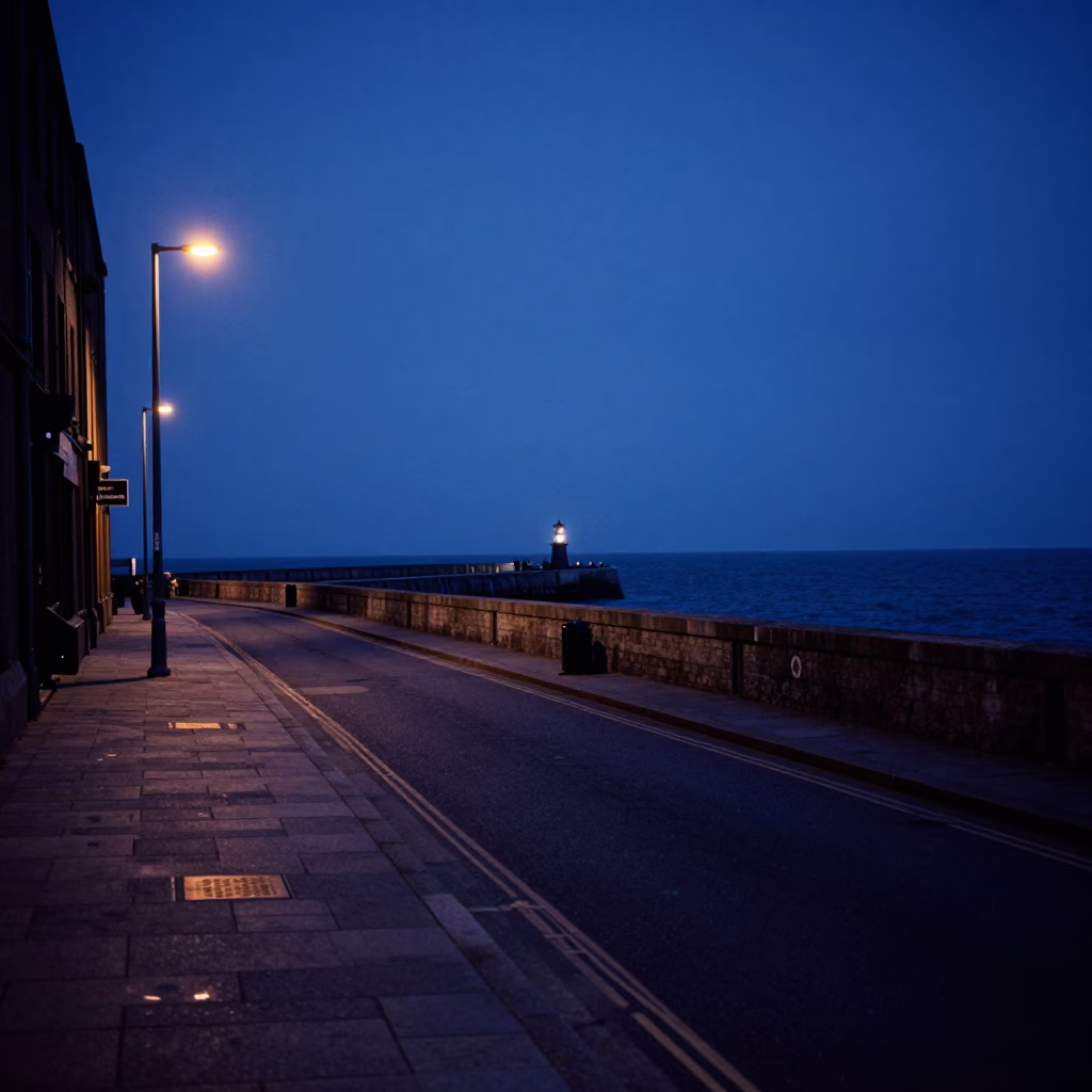 Dublin Indigo Twilight Street Scene with Breakwater Curve and Harbor Beacon in in Dublin, Ireland