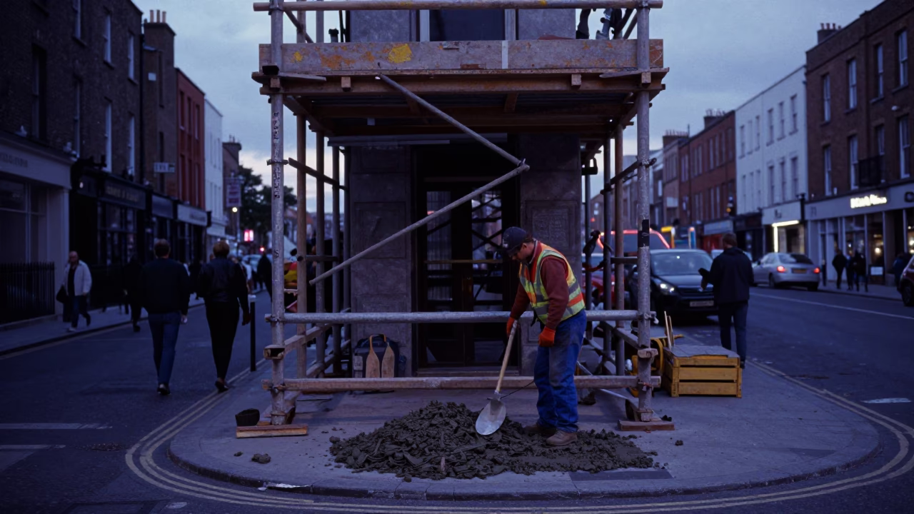 Dublin Indigo Twilight Street Scene with Mason's Tools and Ceramic Plates in in Dublin, Ireland