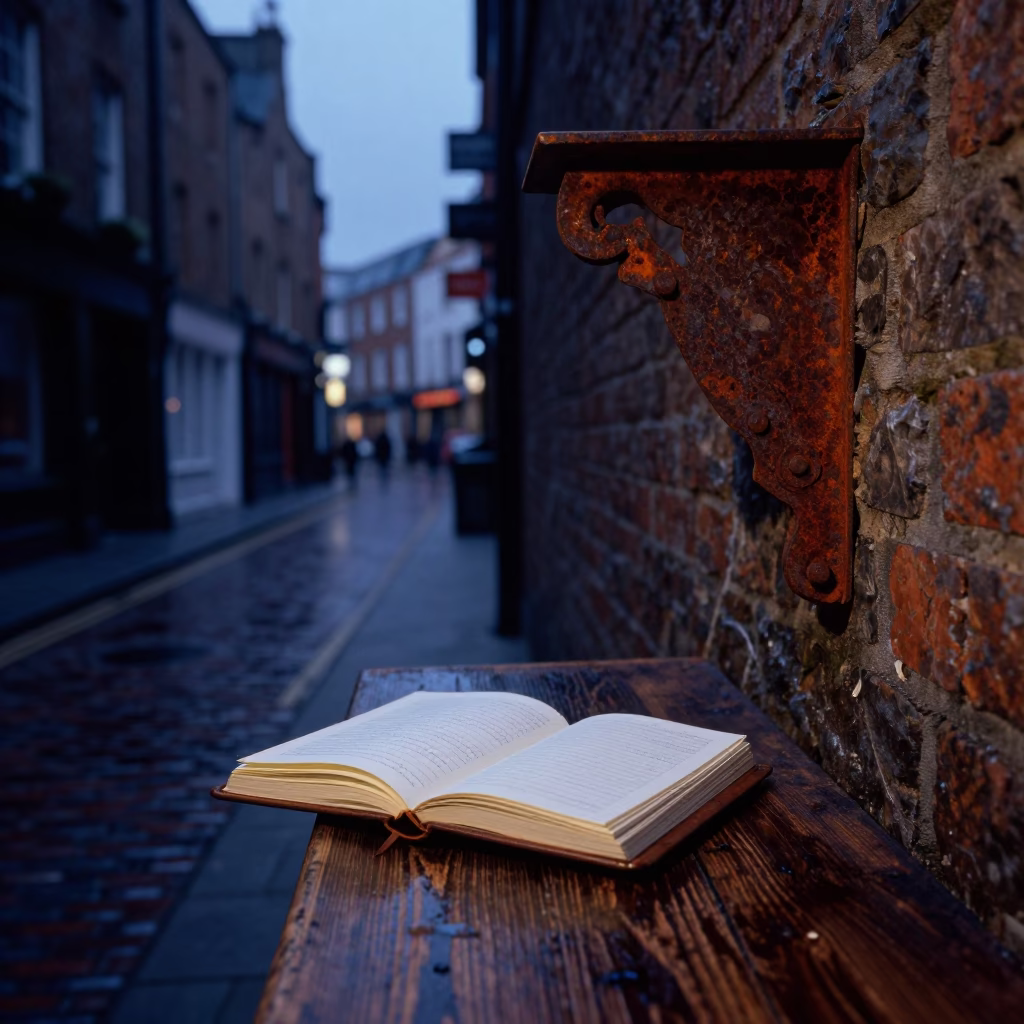 Dublin Indigo Twilight Street Scene with Rusty Bracket and Notebook in in Dublin, Ireland