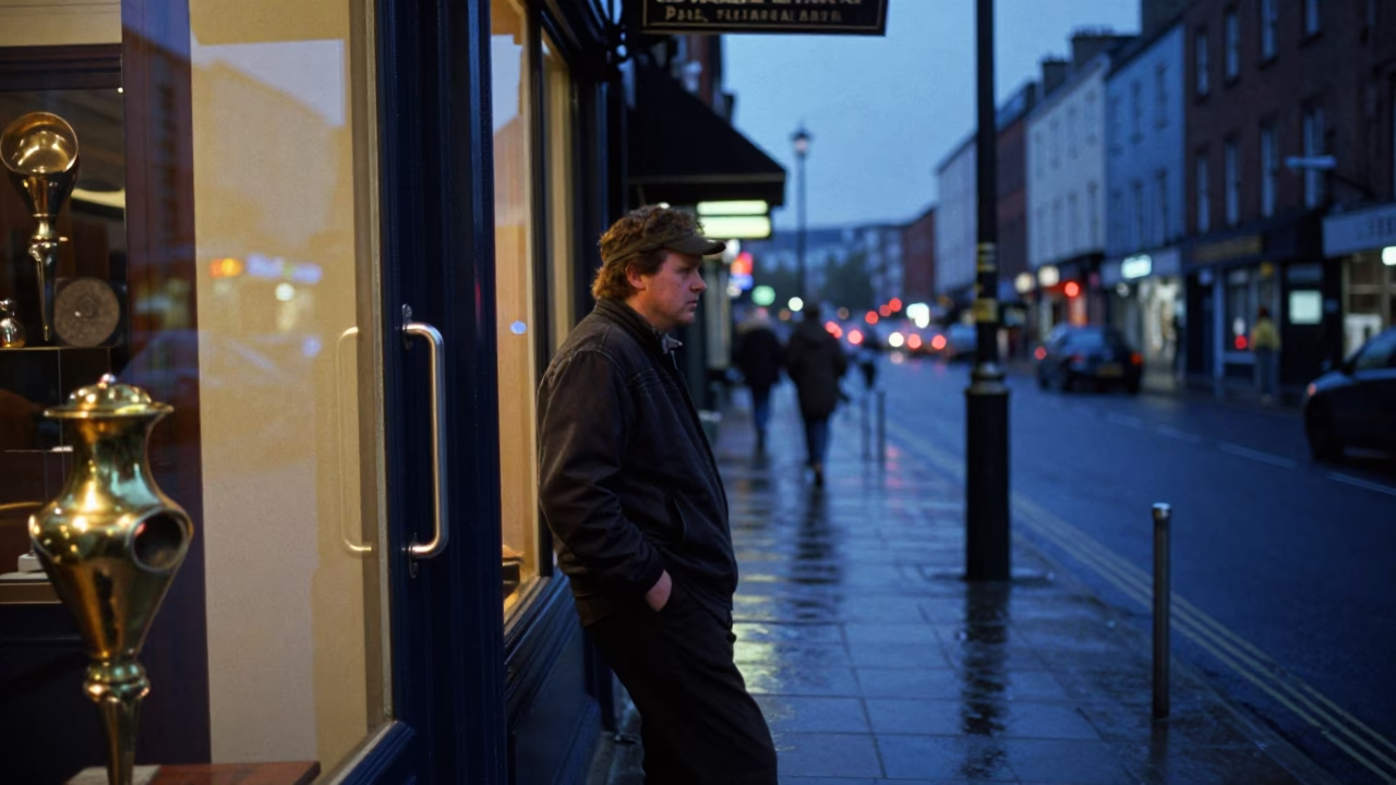 Dublin Indigo Twilight Street Scene with Shopkeeper and Brass Fixtures in in Dublin, Ireland