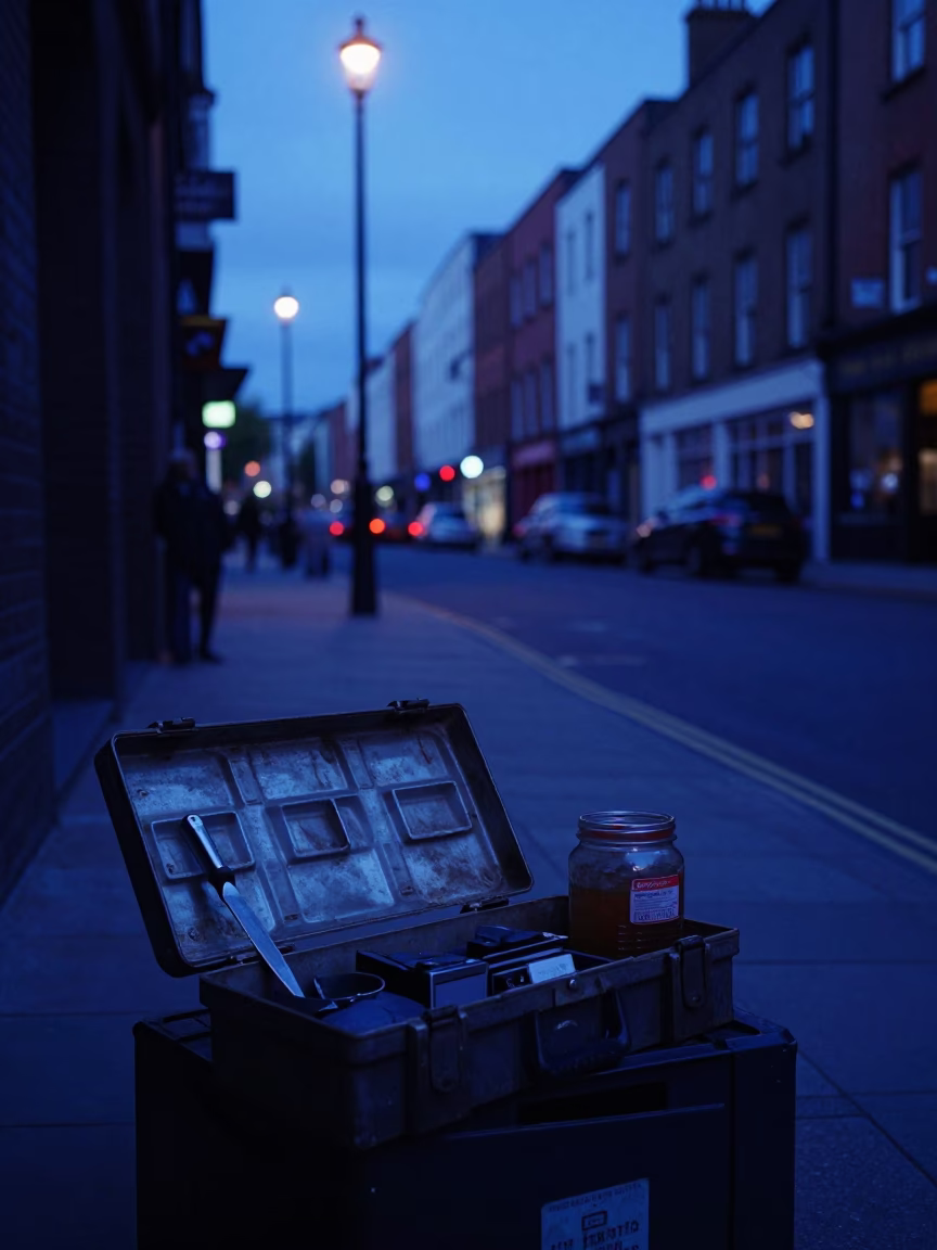 Dublin indigo twilight street scene with toolbox and jar on wooden crate in in Dublin, Ireland