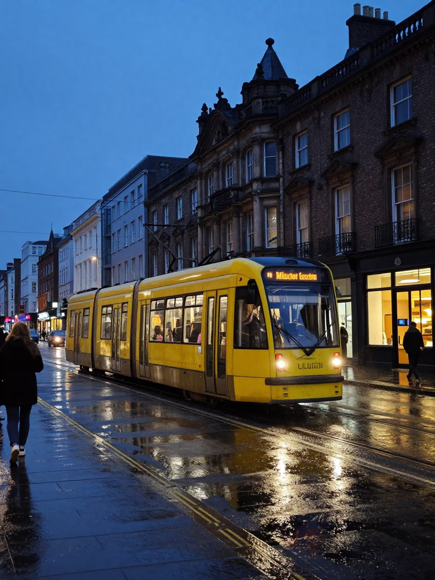 Dublin Indigo Twilight Street Scene with Tram and Rain-Streaked Glass Reflections in in Dublin, Ireland