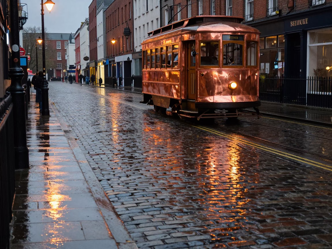 Dublin Ireland Cobblestone Street Rain Reflections Tramcar Copper Light Before Dusk 1960s in in Dublin, Ireland