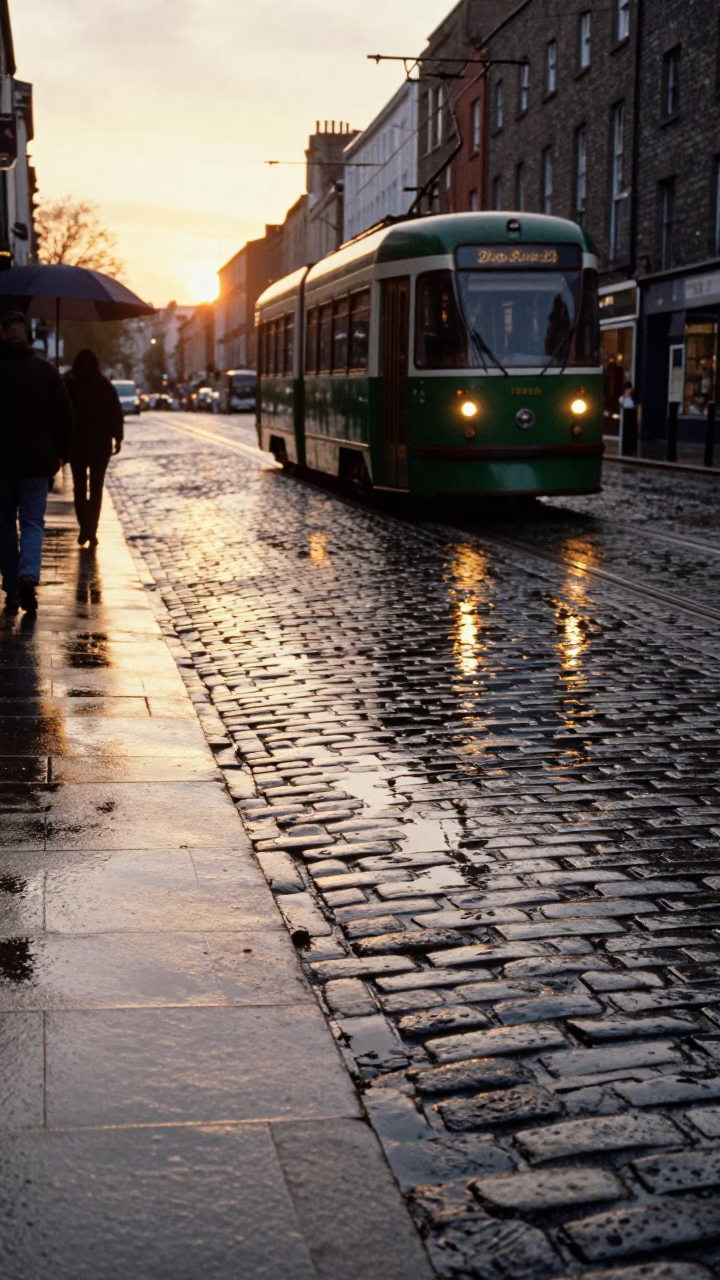 Dublin Ireland Cobblestone Street Scene with Tram Reflection and Umbrella Stand in in Dublin, Ireland